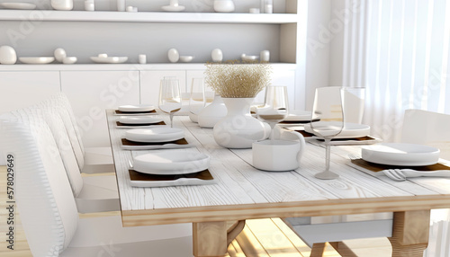 A White Table with Modern Dishes and Decor created using Generative AI