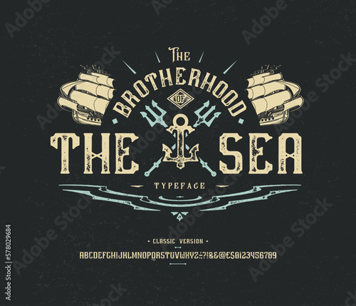 Vector retro font The Sea. Letters and numbers