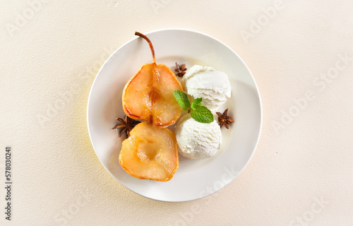 Poached pears with vanilla ice cream