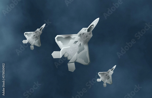 Illustration of F22 Raptors – Airborne Military Power in Combat Flight Formation Above Horizon – Digital Art Depicting Soaring Raptors in a Dynamic Show of Force and Air Superiority (ID: 578030452)