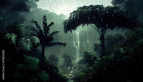 Mesmerizing view of distant jungle through heavy rainfall Created Using Generative Ai
