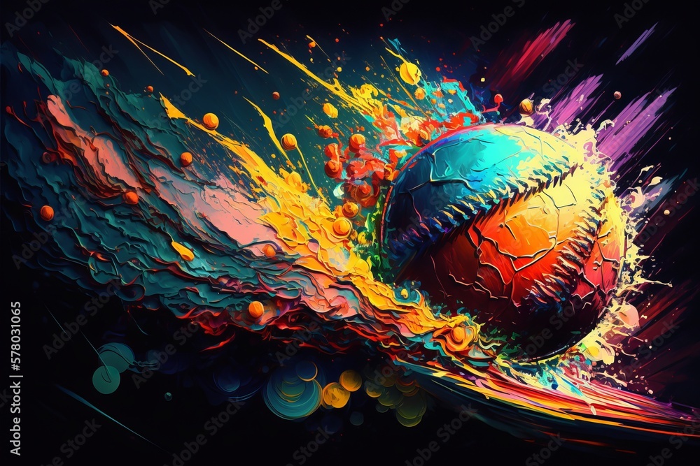 Piłka Baseball abstrakcyjny kolorowy akrylowy obraz Generative AI - obrazy, fototapety, plakaty 