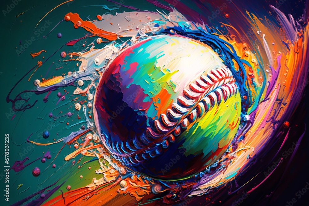 Piłka Baseball abstrakcyjny kolorowy akrylowy obraz Generative AI - obrazy, fototapety, plakaty 
