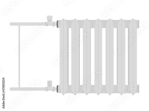 Cast iron heating radiator with pipes and valves isolated on white background