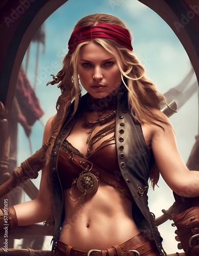 A powerful female pirate, her body adorned with a leather vest and a bandana