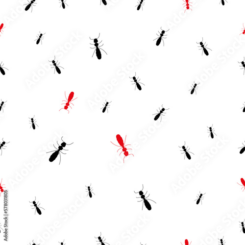 Ant trail silhouette seamless pattern, a path of insects in search of food. Black and red ants