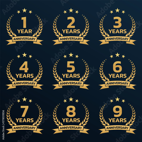 Anniversary icon or logo set with laurel wreath. 1, 2, 3, 4, 5, 6, 7, 8, 9 years jubilee, birthday golden badge, label or emblem. Celebration design element. Vector illustration.
