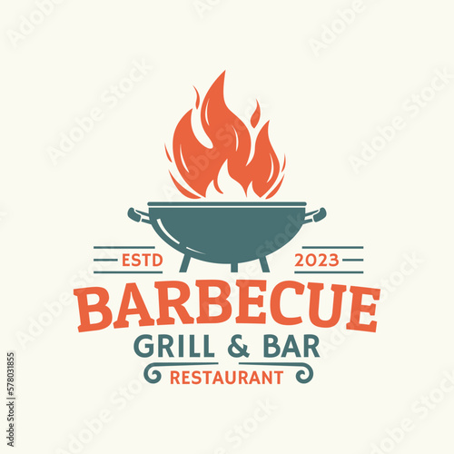 Barbeque logo or icon. BBQ label. Grill bar, restaurant, steak house vintage badge design with fire flame, grill fork and spatula. Vector illustration.