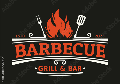 Barbecue logo. BBQ, Grill icon with fire, grill fork and spatula. Restaurant label or badge vintage design. Vector illustration.