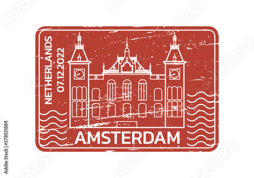 Amsterdam rubber stamp design with grunge texture. Travel, passport icon or seal with Central Station. The Netherlands symbol. Vector illustration.