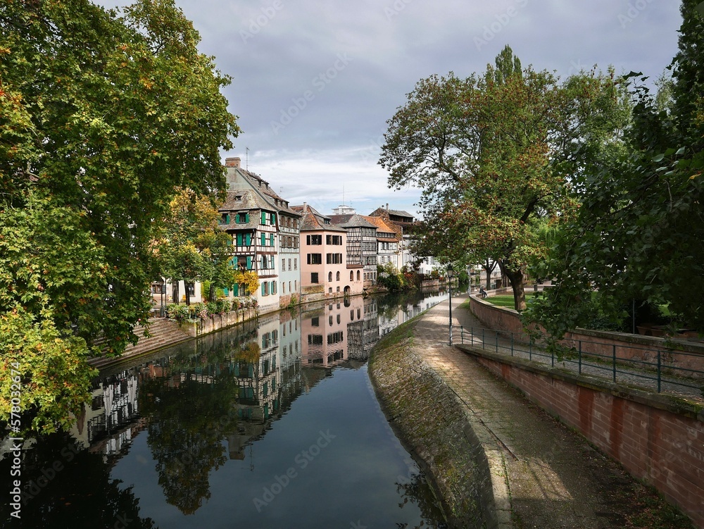 Houses in Strasbourg on the Ill River on a sunny day