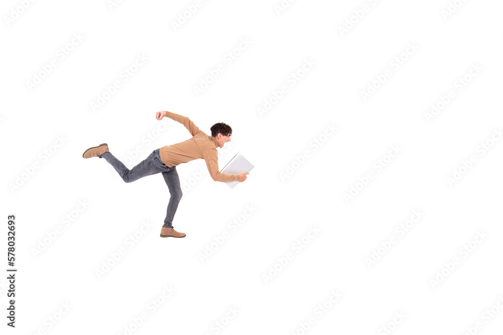 Funny young man with a laptop. White background.