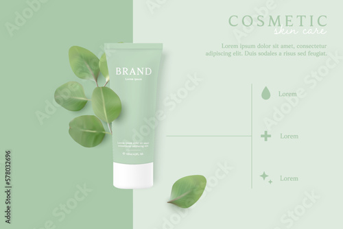 Natural cosmetics and skin care product ads template on green background with leaves.