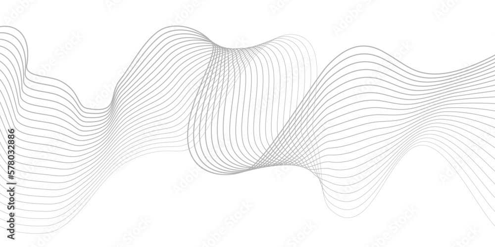 Undulate Grey Wave Swirl, frequency sound wave, twisted curve lines with blend effect. Technology, data science, geometric border. Isolated on white background. Vector illustration. - obrazy, fototapety, plakaty 