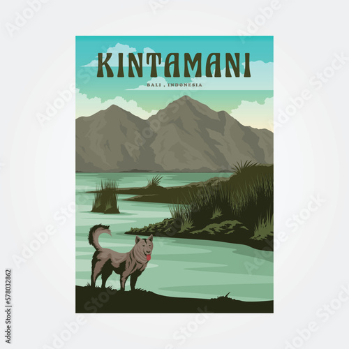 kintamani village bali travel poster vintage illustration design, dog and outdoor view poster design