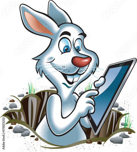 Cartoon style rabbit in hole operating tablet computer