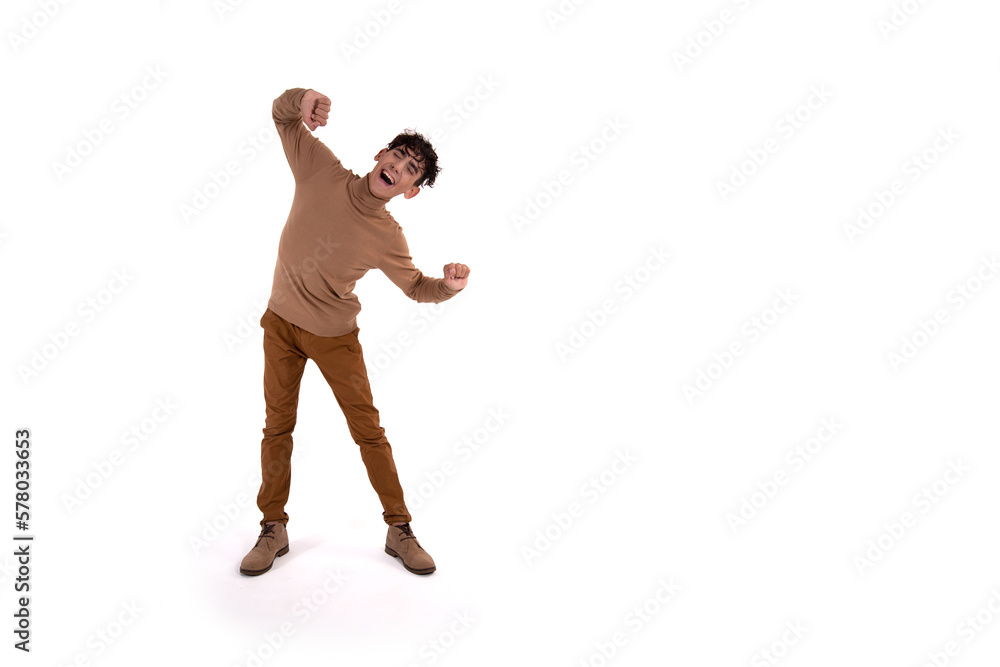 Funny guy is dancing on a white background. Human emotions. Isolate. Funny guy is dancing on a white background. Human emotions. Isolate.