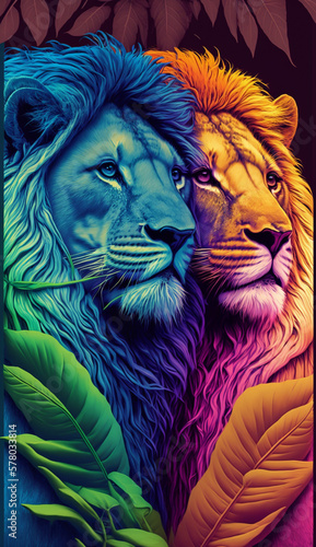 Gay lion couple in the jungle. LGBT representation. Created with Generative Al technology