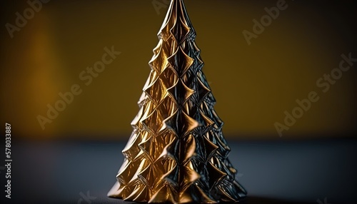  a shiny gold christmas tree on a black surface with a yellow background and a black background behind it is a dark background and a yellow wall. generative ai