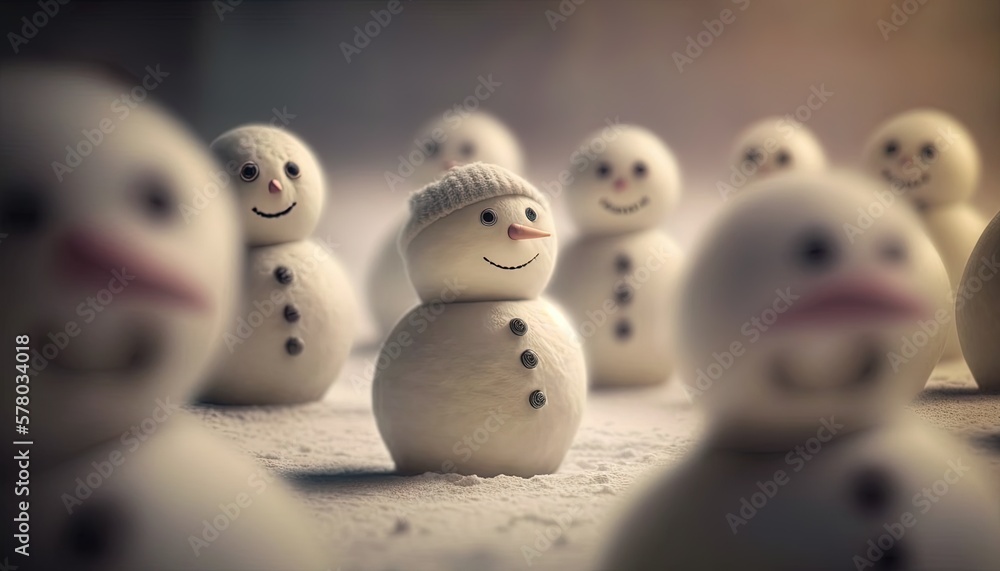 a group of snowmen with hats and scarves on them are standing in the snow, with one of them looking at the camera. generative ai a group of snowmen with hats and scarves on them are standing in the snow, with one of them looking at the camera. generative ai