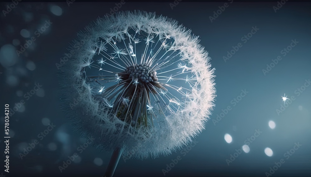 a dandelion is blowing in the wind on a blue background with a blurry image of the dandelion in the foreground.  generative ai