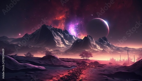  a computer generated image of a landscape with mountains and a path leading to a distant star in the distance  with a distant planet in the background.  generative ai