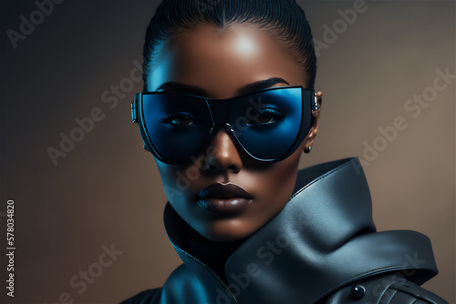 portrait of a fashion black model in black suit wearing sunglasses, Generative Al