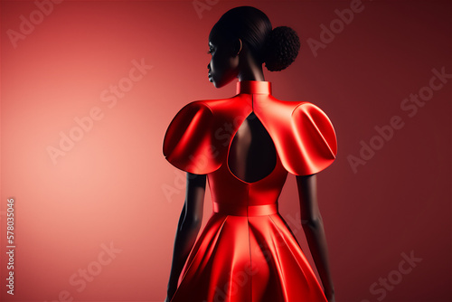 back view of a black woman in red dress,, Generative Al