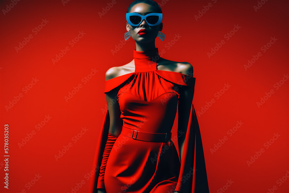 Obraz premium Beautiful black woman in red dress wearing stylish sunglasses, Generative Al