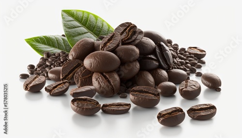  a pile of coffee beans with a green leaf on top of it, surrounded by coffee beans and coffee beans on a white surface, with a white background. generative ai
