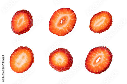 Red Strawberries with green leaf isolate on white background. Top view with clipping path. Full Depth of field. Focus stacking. PNG