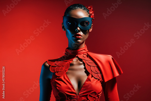 Beautiful woman in red suit wearing a black mask, Generative Al