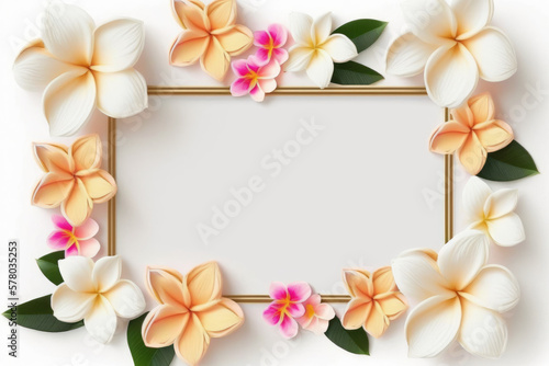 Wildflower plumeria flower floral frame ,hulthemia, rosa. Aquarelle wild flower for background, texture, wrapper pattern, frame or border.generative ai