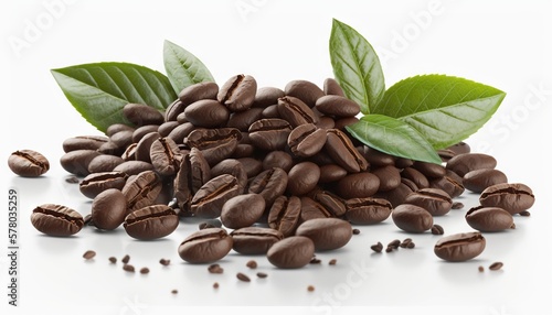  a pile of coffee beans with leaves on top of it, on a white surface, with a white background, with a green leaf resting on top of the beans. generative ai