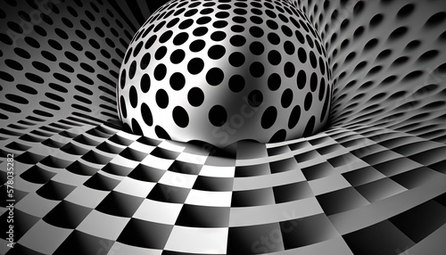  a black and white photo of a sphere with a black and white pattern on the side of the sphere and a black and white background. generative ai