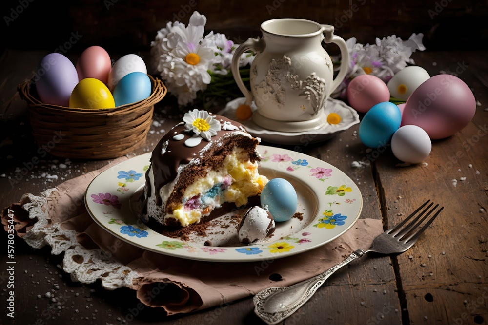 Easter cake and eggs on plate, sweet baked (Ai generated) Easter cake and eggs on plate, sweet baked (Ai generated)