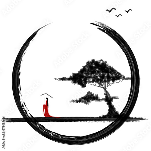 A drawing of a woman in a red dress and a tree with a circle of birds in the background.