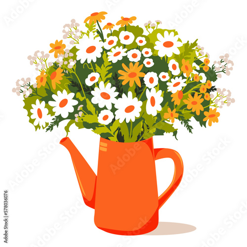 Jug with bouquet with blooming flowers and herbs, daisies. Spring. Home decor. Vector illustration