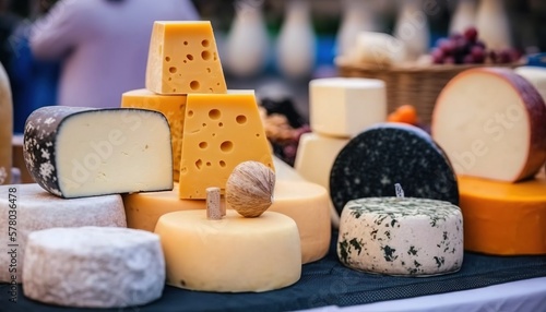  a table topped with lots of different types of cheeses and cheeses on top of eachother of cheeses on top of a table.  generative ai