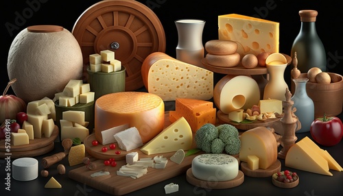  a variety of cheeses and cheeses on a table with a wheel of cheese in the middle of the table and a bottle of wine in the background. generative ai