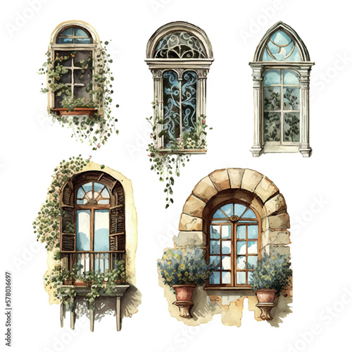 Vintage watercolor old european balcony window set the different windows with different shapes sizes and colors vector illustration