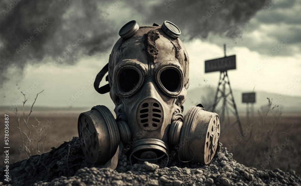Old gas mask laying in the desert with an apocalyptic scene on the ...