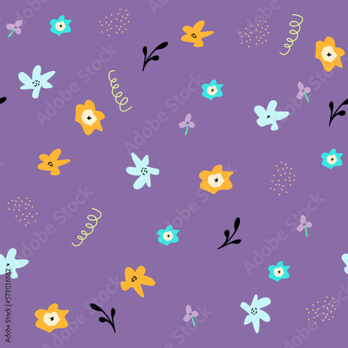 Hand drawn seamless pattern with abstract flowers and doodle elements.Simple illustration for home decor, interior design, wallpaper, kids fashion, print for cover design, baby shower and decoration © Maryna
