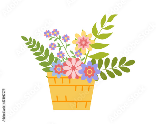 Wicker Basket with beautiful, bright spring flowers. Botanical illustration of flowers and leaves for Easter, holidays. Print for posters, cards, clothes, nursery. Vector flat illustration
