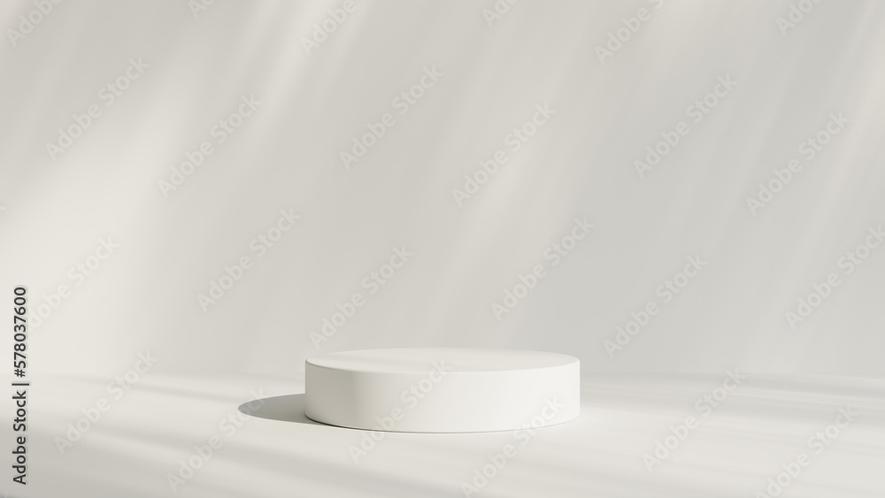 Abstract white room with realistic white cylinder pedestal podium set and leaf shadow overlay. Minimal scene for product display presentation. geometric platform stage for showcase. - obrazy, fototapety, plakaty 