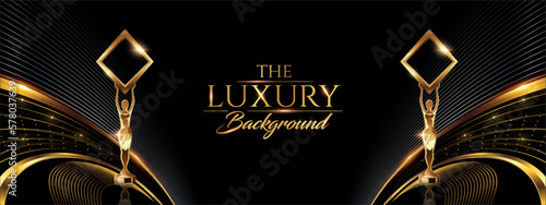 Black Golden Side Corner Wave Flowing Lines Award Background. Trophy on Luxury Background. Modern Abstract Design Template. LED Visual Motion Graphics. Wedding Invitation Poster. Certificate Design.