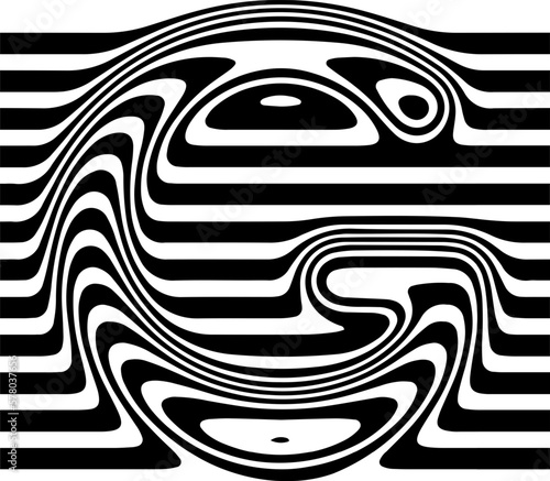 Liquified letter G, 3d striped sign, optical illusion font for opart style logo and monogram. Vector typographic design