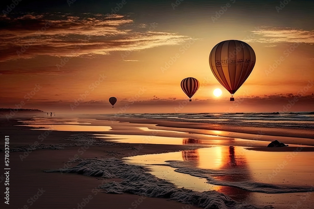 Paisaje con globos aerostáticos con una bella puesta de sol. IA generative - obrazy, fototapety, plakaty 