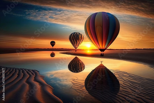 Paisaje con globos aerostáticos con una bella puesta de sol