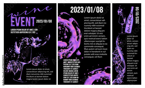 WINE EVENT template - Hand drawn elements. Wine design collection for flyers, brochures, invitation cards, advertising banners and menus. Wine stains and sketch vector illustration. Brilliant colors.